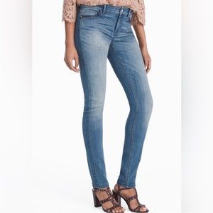 EUC White House Black Market Distressed Jeans w/ Blue Leather Trim Size 2